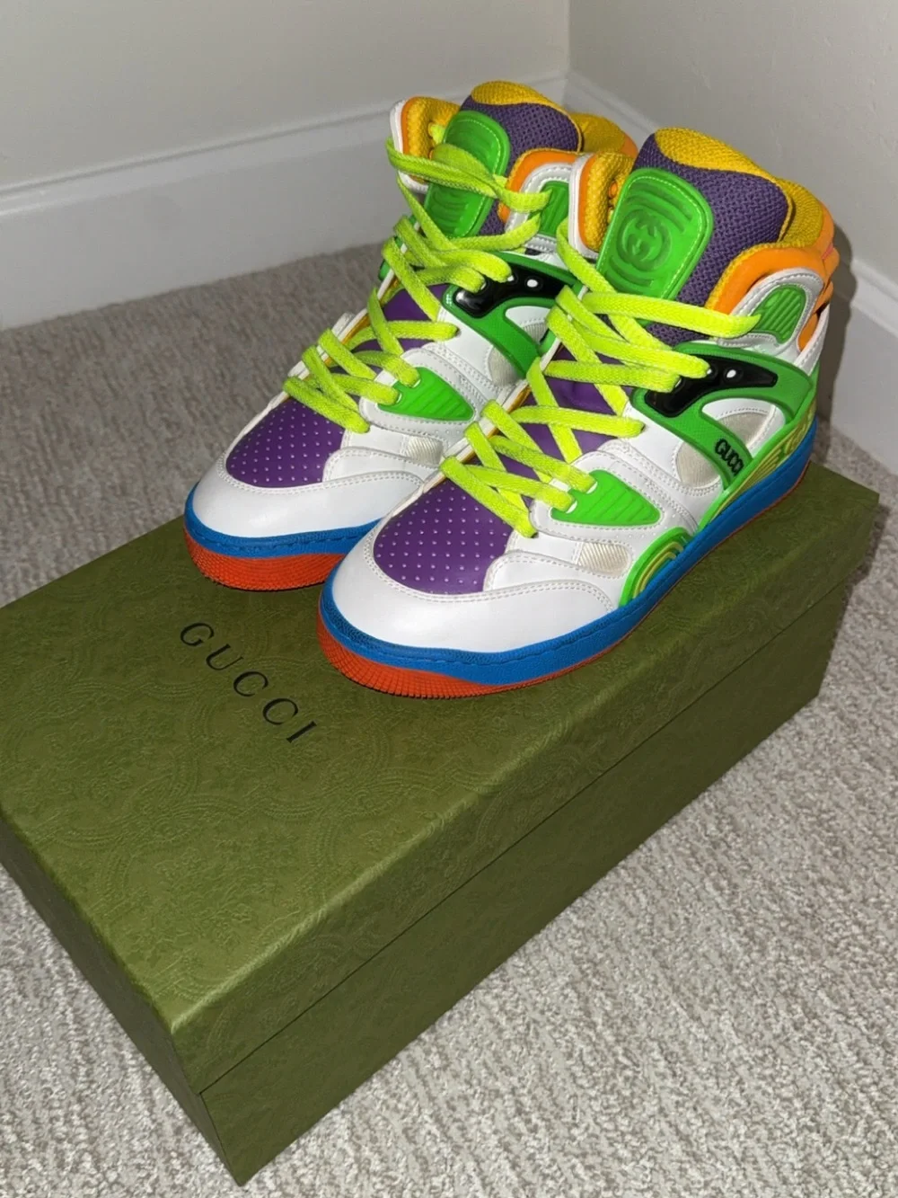 Gucci Kids Neon Green Orange Blue White High-Top Sneakers